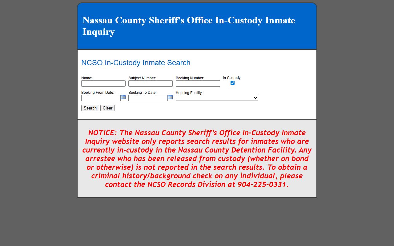 Nassau County inmate population search portal for the county jail roster