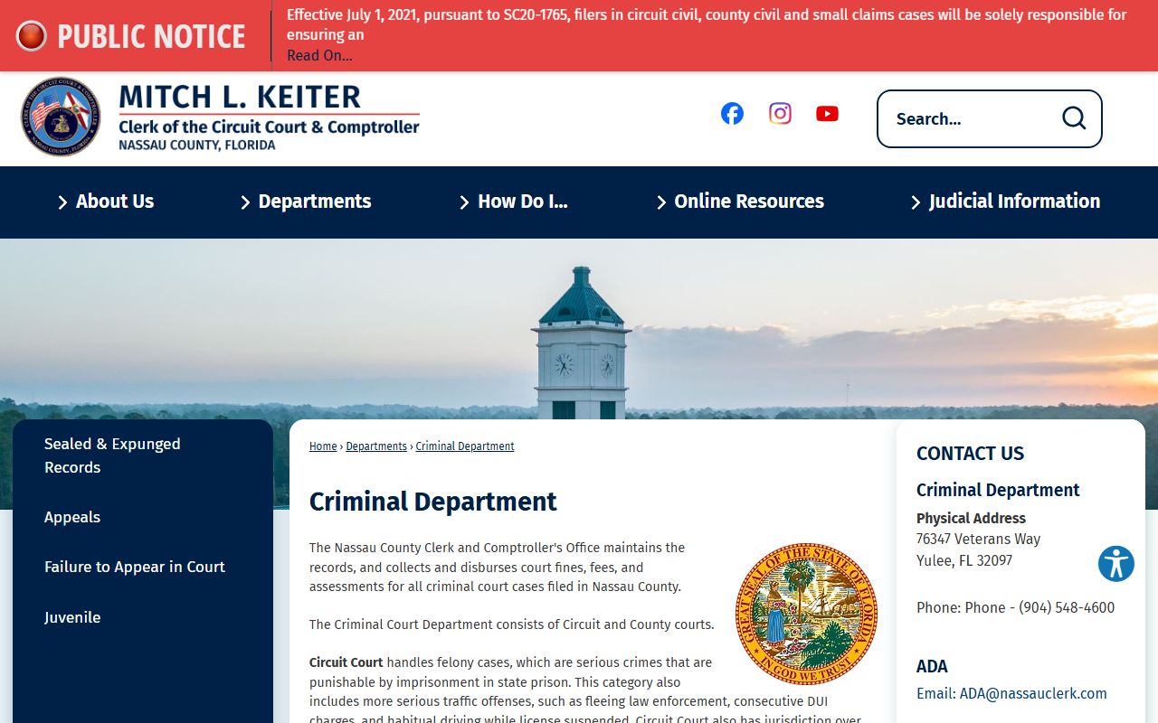Nassau County Clerk Criminal Department page describing felony and misdemeanor court records after an arrest