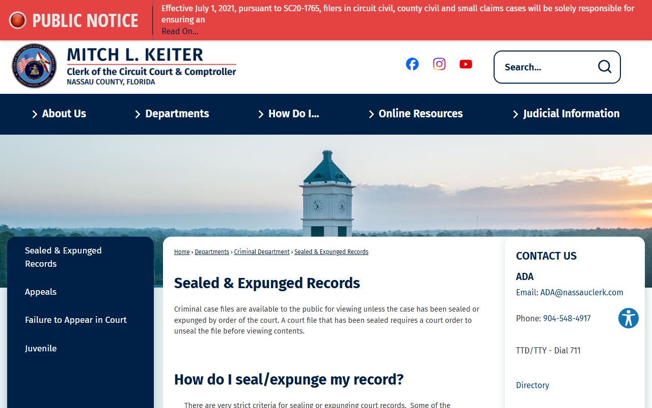 Nassau County Clerk sealed and expunged records page explaining access to Nassau County criminal case records