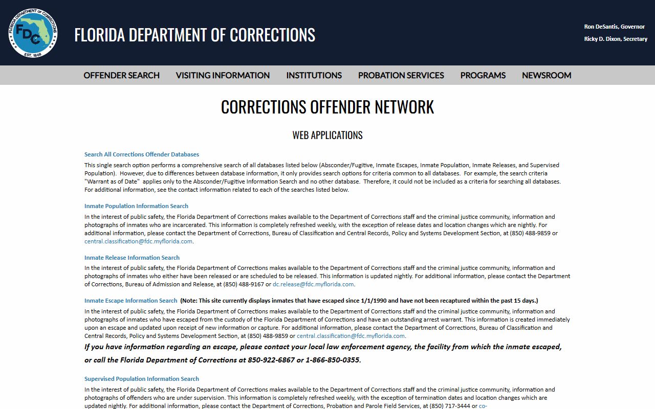 Florida Department of Corrections offender menu used to find Nassau County inmates sentenced to state prison