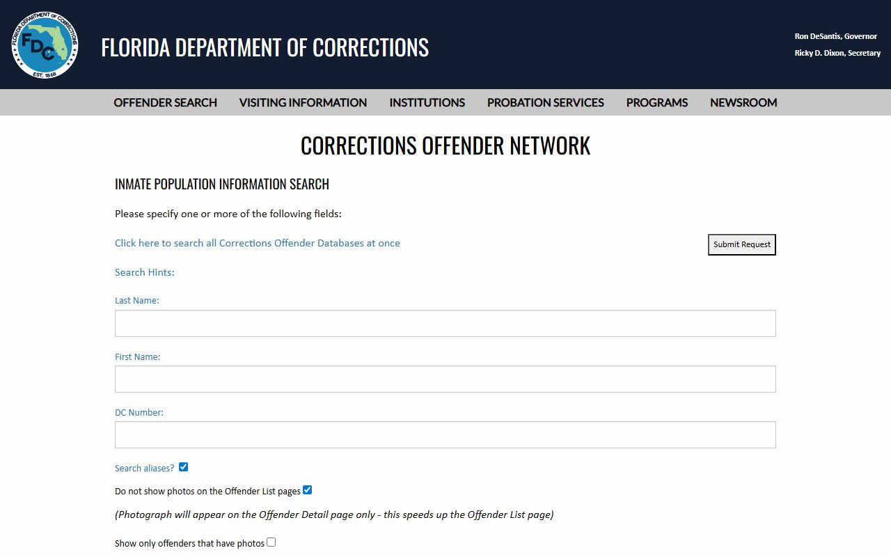 Florida Department of Corrections inmate population search used after the Nassau County jail