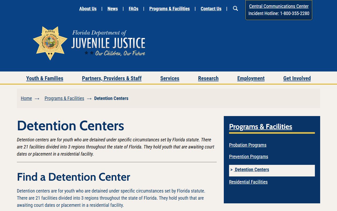 Florida DJJ detention centers list showing the regional juvenile center serving Nassau County